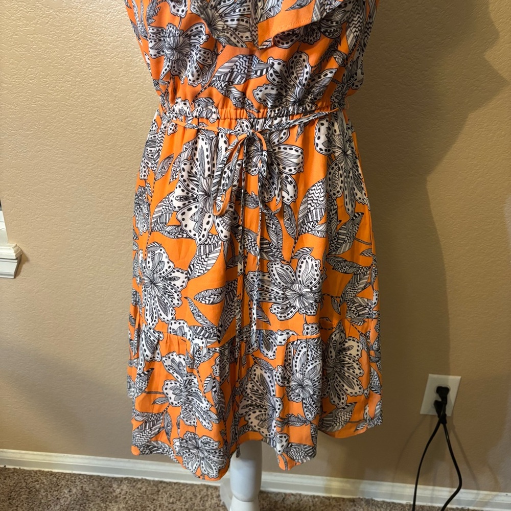 SALE! LOFT Dress XS Orange Black White Floral Mini Retro Ruffle Elastic Neckline - Picture 6 of 16